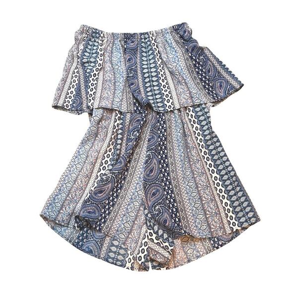 Ultra Flirt Strapless Romper Blue Boho Paisley Print Ruffle Tube Top M NWT - Picture 2 of 7